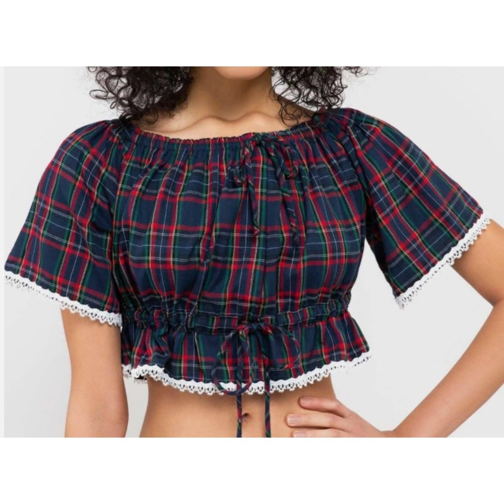 POL PLAID CROP TOP Navy/Green/Red Tartan WHITE LACE TROP Coquette Schoolgirl M